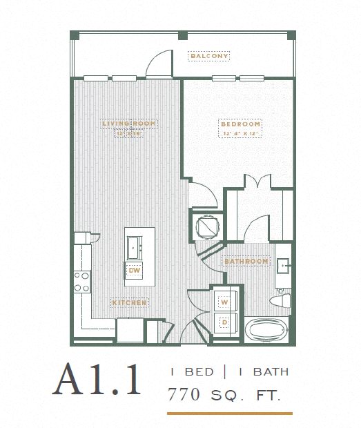 Floor plan for 1 bed, 1 bath, 770 sqft